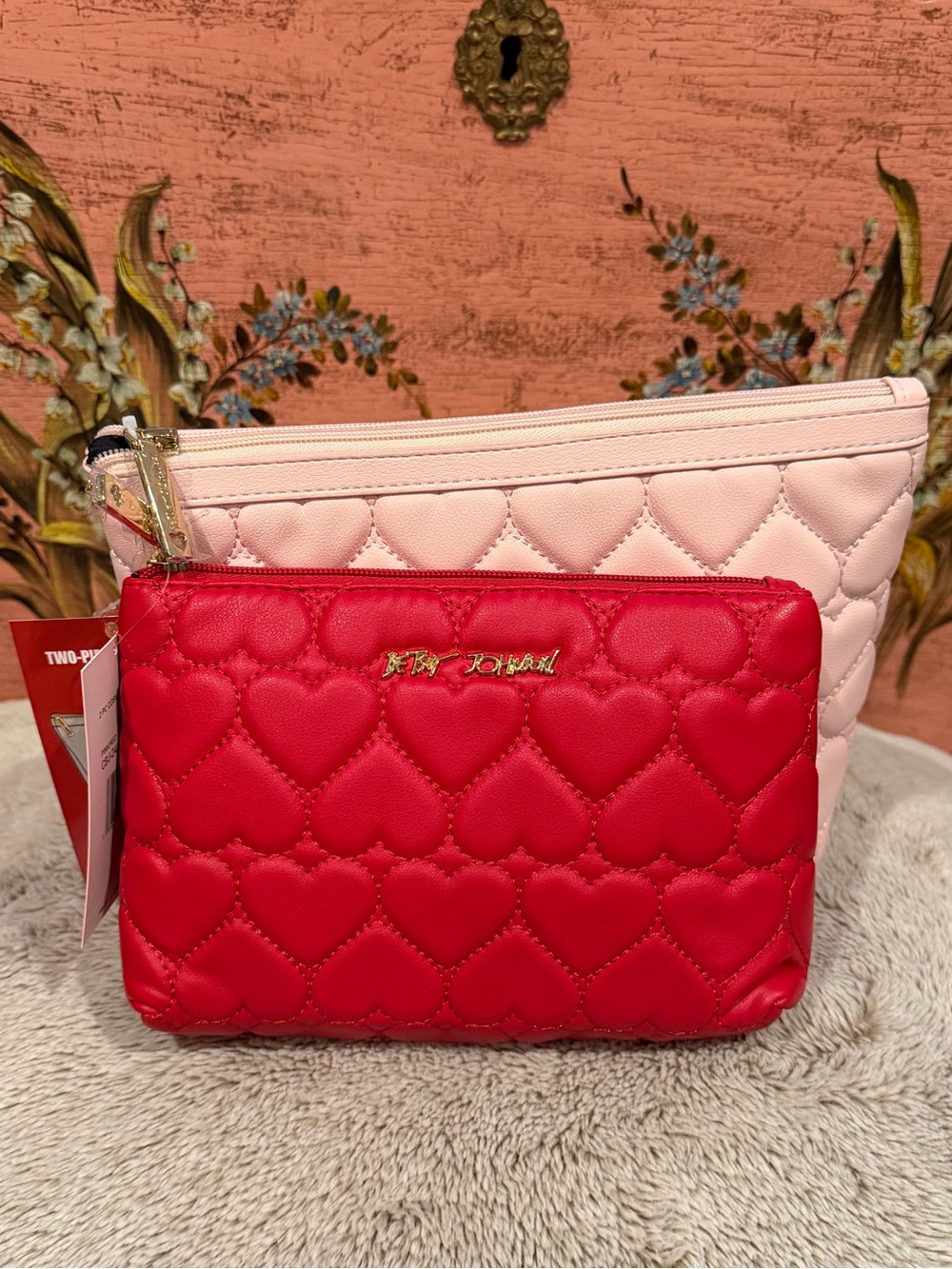 Betsey Johnson Quilted Heart Two-Piece Cosmetic Pouch Set - Red & Light Pink